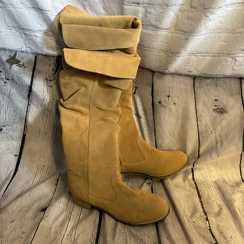 Matisse Womens Tall Tan Slouchy Foldover Suede Zip Up Block Heel Boots Sz 10 GUC